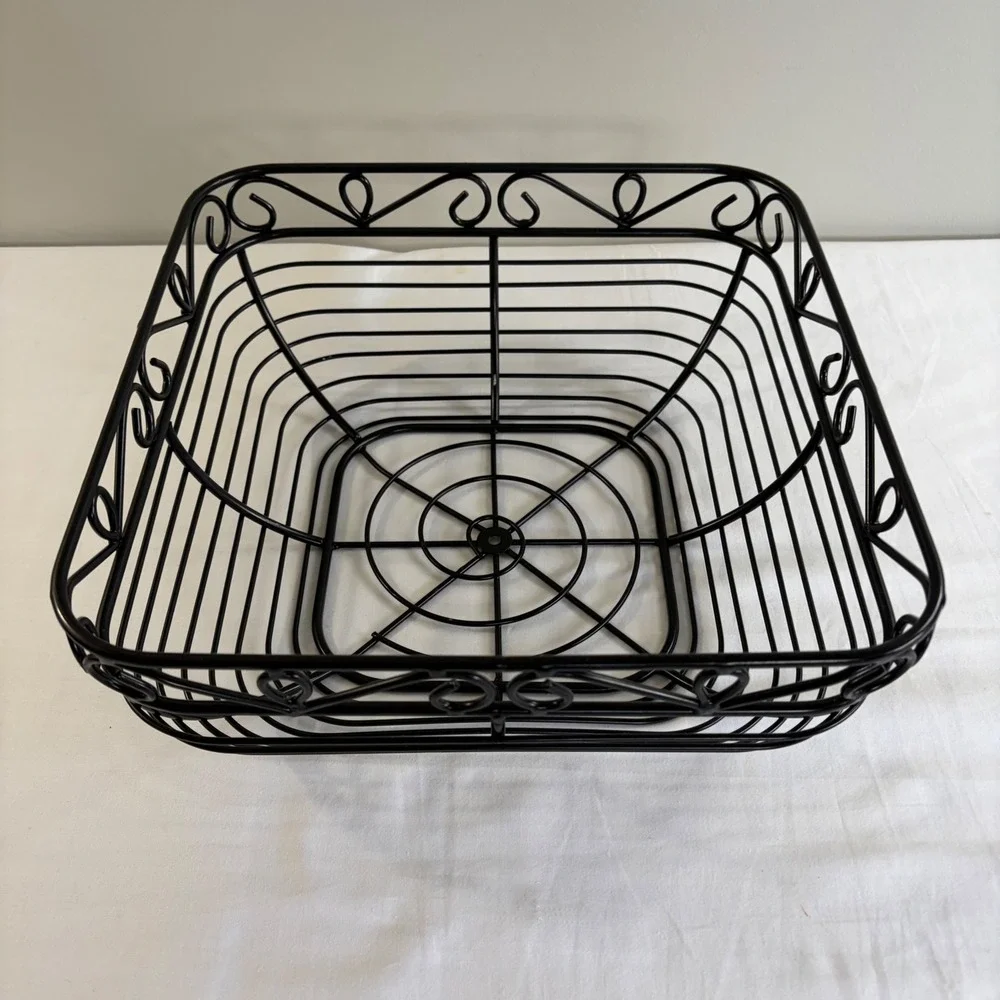 Black Metal Retro‎ Square Basket Scrollwork Decorative Fruit Storage 10x10x4.5